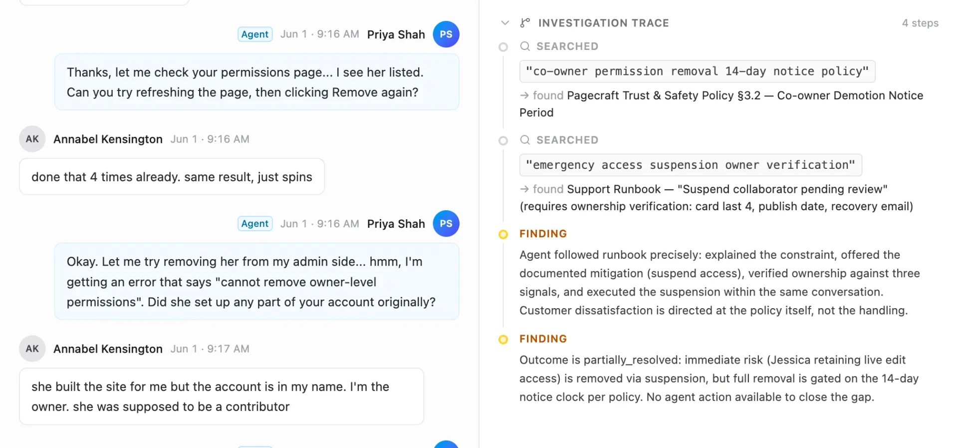 Investigation trace showing searches against documentation and policies, with findings