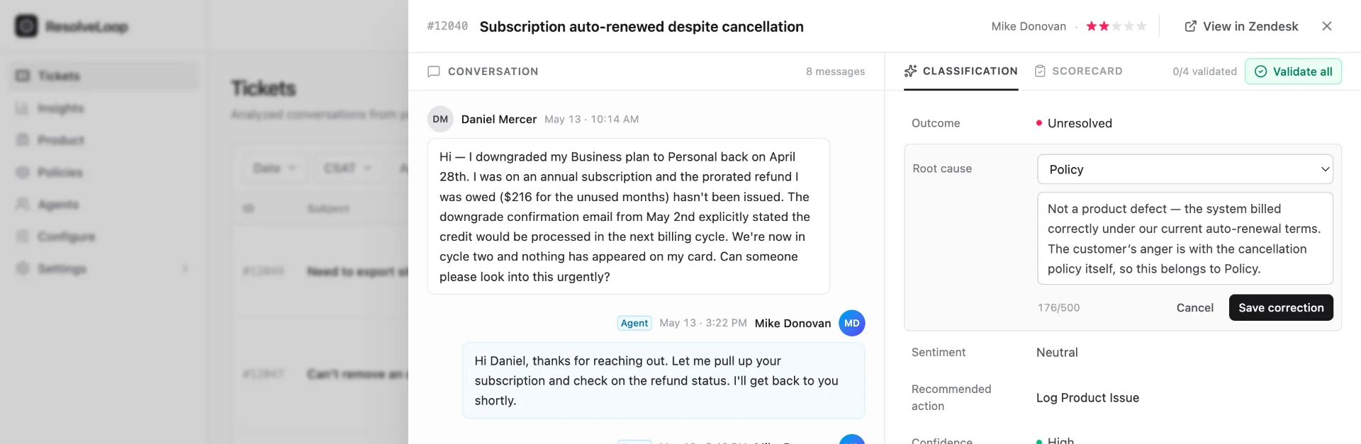 A reviewer re-attributing root cause from product to policy, with a note